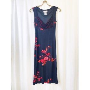 Black and red floral jersey cocktail dress
